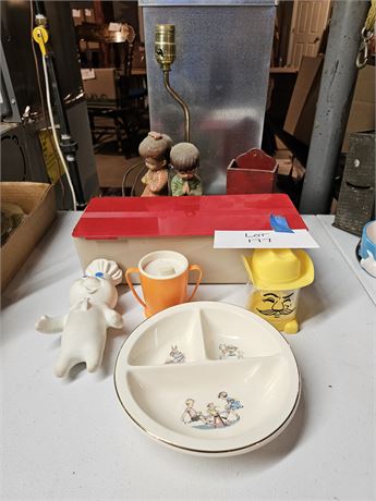 Vintage Kitchen Lot:Childs Cups/Child 3-Part Bowl/Match Holder & More