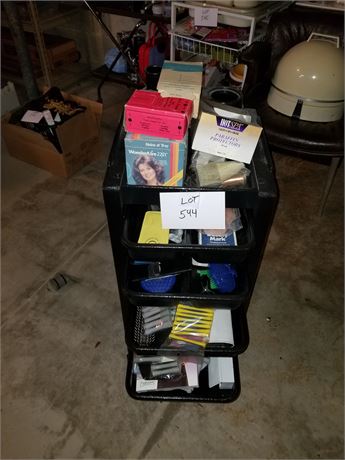 Beauty Shop Cart With Supplies, Brushes, Combs, Dryer Parts, Perm Rods, Capes &