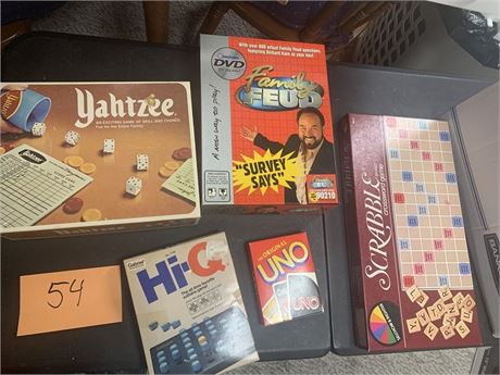 Vintage Board Game Lot - Yahtzee, Hi-Q, Uno, Scrabble, Family Feud