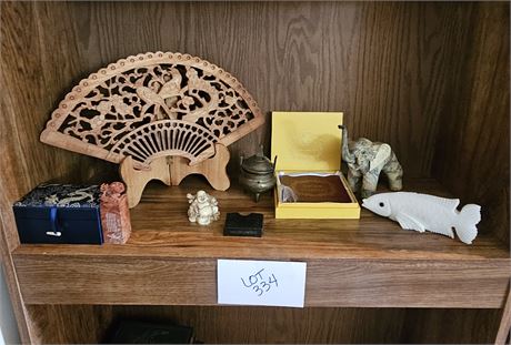 Asian Inspired Decor - Wood Carved Fan, Mach' Elephant, Buddha & More