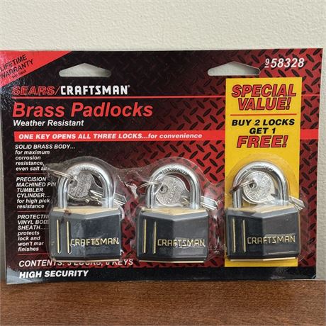 SEARS CRAFTSMAN High Security Brass Padlock Set 3 Locks 6 Keys 9-58328