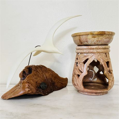 John Perry Seagull in Flight Sculpture and Soapstone Diffuser/Candle Holder