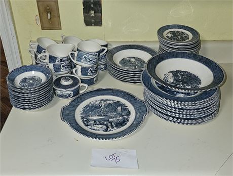 Mixed Currier & Ives Winter Blue- Steamboat Carriage Ride Plates, Bowls, Cups, C