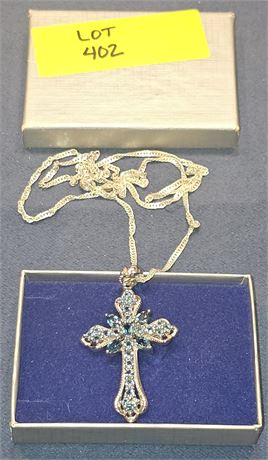 Sterling Ocean Blue Topaz & 2" Cross & 26" Necklace 0.50 ozt