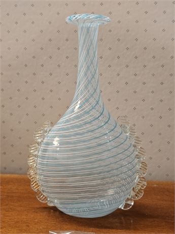 Vintage Latticino 60's Murano Glass Rossetto Vase with Applied Feather Trim