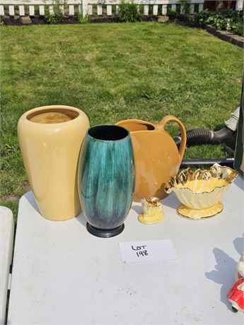 Mixed Pottery Lot- Yellowware Vase, HP Drip Vase, Carmel Color Hall Pitcher