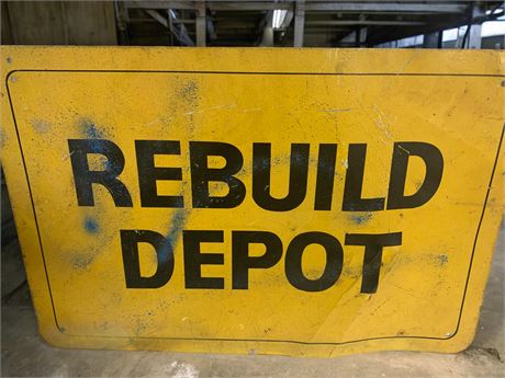 Metal Sign "REBUILD DEPOT" Yellow & Black Overhaul Manufacturing Sign (Vintage)