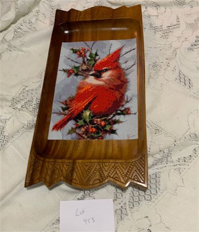 Amazing Carved Wood Tray With Cross Stitch Cardinal Red Bird On Holly Berry Bush