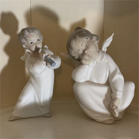 Lladro Angel Dreaming & Angel w/ Flute Figurines - 7" (tallest)
