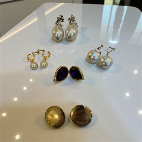 Trifari Gold-Tone Amethyst Rhinestone Teardrop Clip-Ons, Faux Pearl Screw Backs