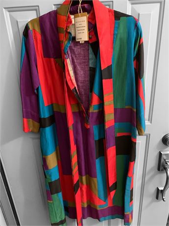 Vintage Geomatric Pattern Half Button Up Shirt Dress W/Scarf Or Belt