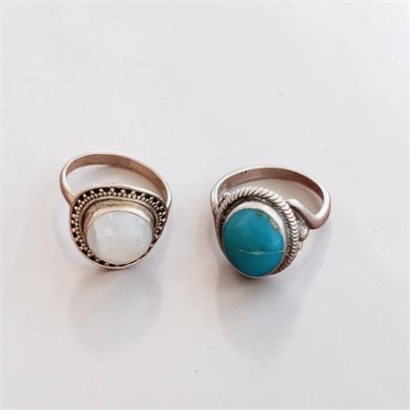 Navajo-Style Turquoise Sterling Silver Ring & Sterling Silver Moonstone Ring
