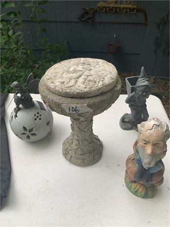 Lawn Ornament Statuary Gnomes Fairy On A Ball Bird Bath With Leaf Pattern Decor