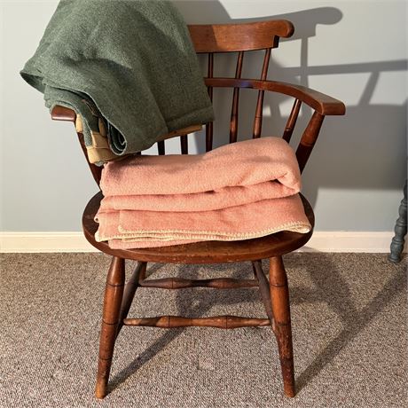 Solid Wood Barrel Back Chair and Vintage Blankets