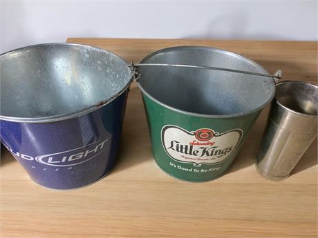 Bud Light Beer, Schoenling Little Kings Ale Metal Ice Buckets & Metal Tumbler