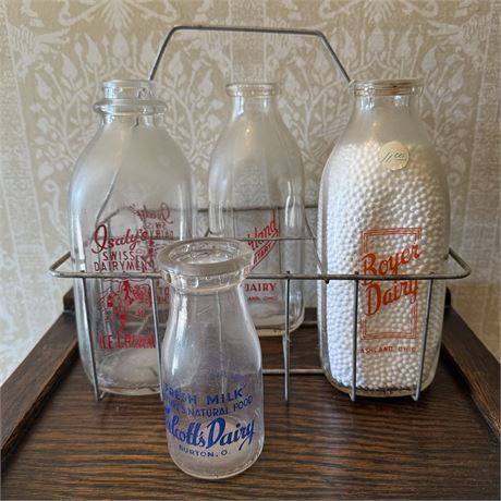 Mixed Vintage Dairy Bottles & Wire Carry Crate