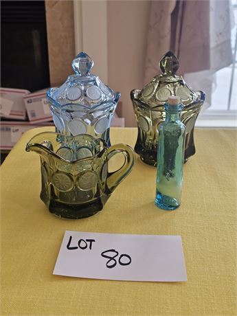 Fostoria Coin Blue Candy Bowl & Avocado Candy & Creamer