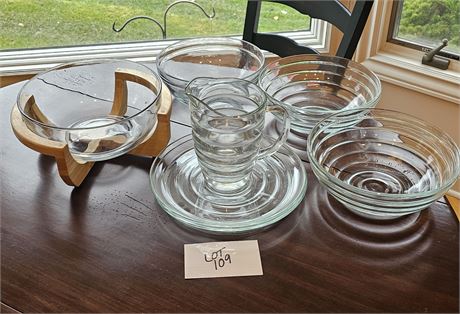 Vintage Ribbed Manhattan Style Pitcher Large Bowls & Serving Platters