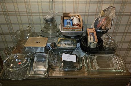 Large Lot Of Mixed Bakeware- Pyrex, Mixing Bowls, Cake Pans, Pie, Cookie Press &