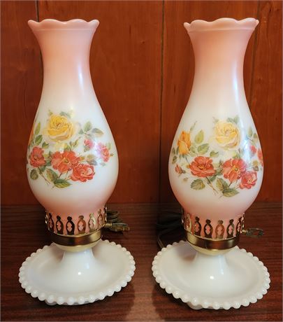 Pair Of Painted Milk Glass Lamps