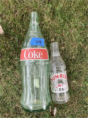 Vintage 32 Ounce Glass Coke Bottle And Sunrise Beverages Glass Bottle