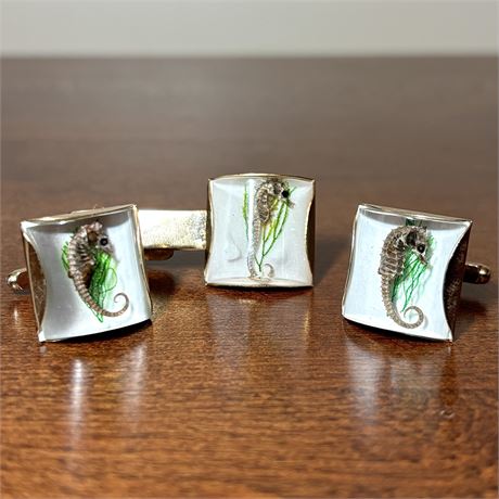 MCM Seahorses in Lucite Men's Cufflink & Tie Clip Set