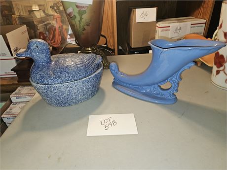 Country Blue Cornucopia Vase & Blue Basket Weave Duck Tureen