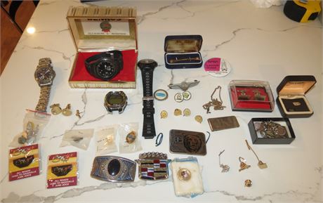 Assorted Men's Watches, Pins, Cuff Links, Tie Tacks, Etc