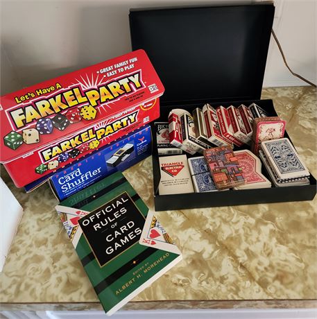 Card Game Lot-  Farkle, Card Shuffler, Card Game Book & Playing Cards