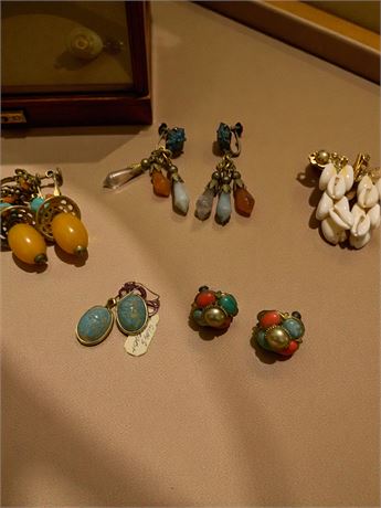 Coro Clip-Ons W/Multicolored Stones, Turquoise Blue Peking Glass Earrings