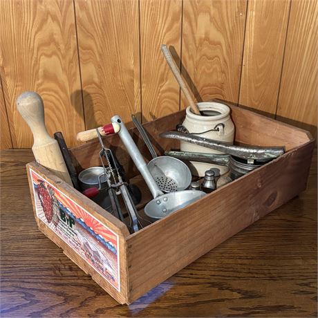 Crate Filled w/ Vintage and Primitive Kitchen Items