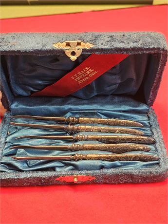 Early 1900's J.P. Hale Jeweler Seafood Plated Picks in Original Velvet Box