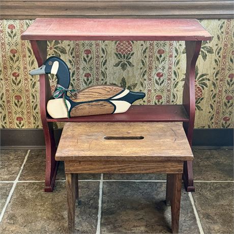 Handcrafted Wood Stool, Rustic Narrow Table & Goose Decor