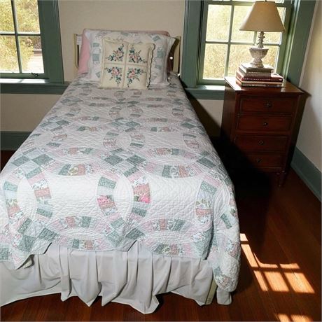 Single Bed W/Mattress, Quilt, Pillows, Sham, Dust Ruffle
