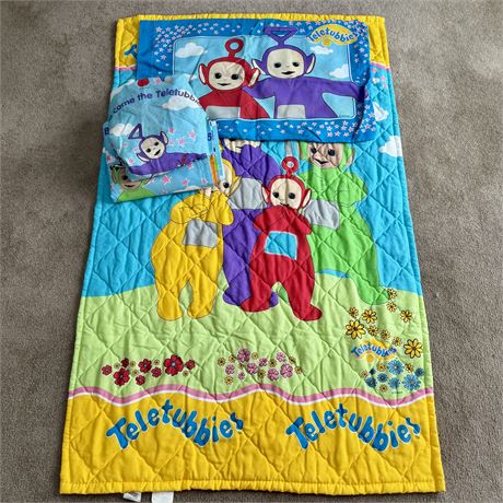 1990's Teletubbies Toddler Size Bedding- Comforter, Sheets and Pillow Case
