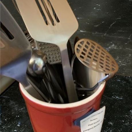 Kitchen Utensil Lot in Red Ceramic Holder