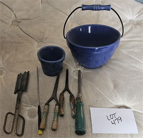 WCL Blue Pottery Bowls & Antique Hair Curling Irons