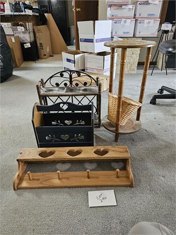 Mixed Small Shelf Lot- Wall-Wicker, Wood, Wood & Cane Round Shelf, & More