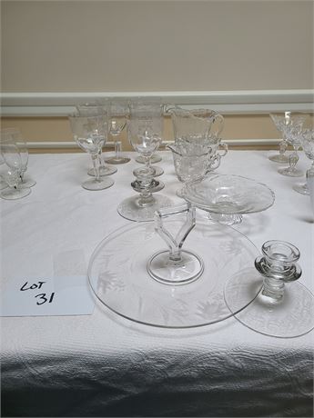 Fostoria Etched Heather Pattern Pitcher/Etched Grape Pattern Wine Glasses & More