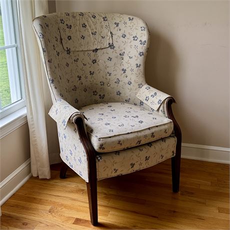 Beige & Blue Floral Upholstered Wingback Chair
