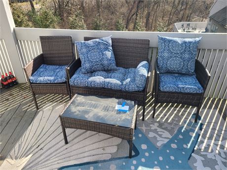 Brown Plastic Wicker Outdoor Patio Set with Cushions & Pillows