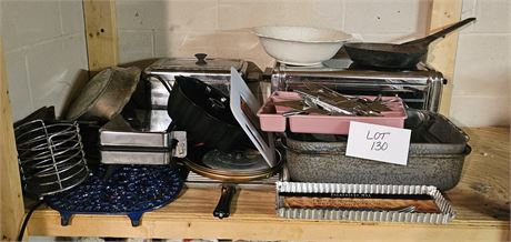 Mixed Kitchen Lot- Extra Large Gray Enamel Pans, Tart Pans, Flatware, Deep Fryer