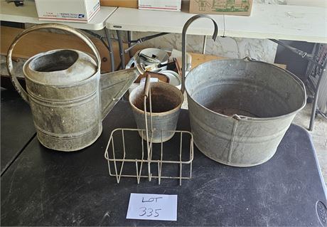 Vintage Galvanized Watering Can, Water Scope & Bucket, Metal Milk Caddy