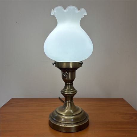 Brass Boudoir Lamp with Milk Glass Torchiere Shade - 14"T