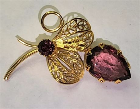 Vintage Purple Stone Filgree Floral Brooch Pin