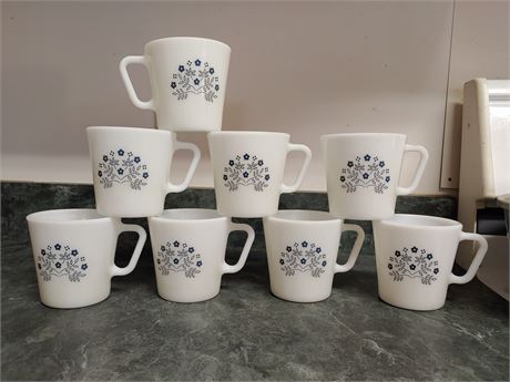 MCM Vintage Milk Glass Pyrex "Summer Impressions Blue Flowers" Mugs~ Set of 8