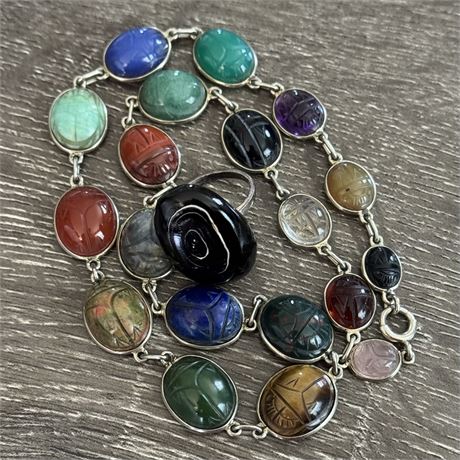 Scarab Semi Precious Stone and Sterling Silver Necklace w/ 925 Ring