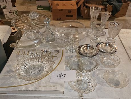 Mixed Glass Lot- Frosted Diamond, Federal Coin, Cake Plate, Vases & More