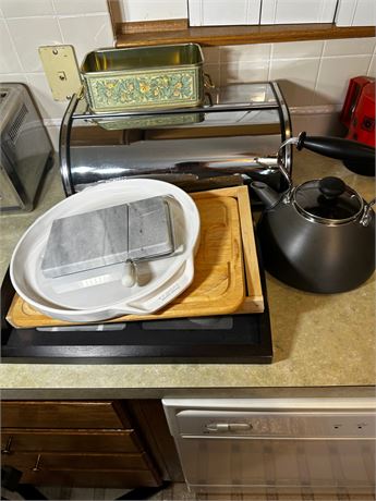 Breadbox, Tea Kettle, Marble Cheese Slicer and Trays