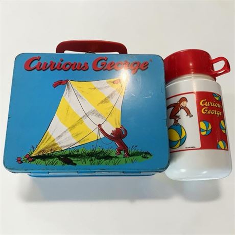 1997 Schylling Curious George Blue Metal Lunch Box & Thermos